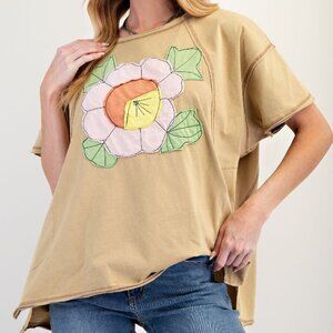 P1- 0411 Easel Flower Patch Cotton Mineral Washed Soft Top With Pockets